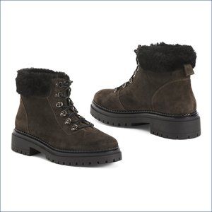 NEW! FABIANELLI Italian Handcrafted Suede Shearling Lace Up Booties, Charcoal